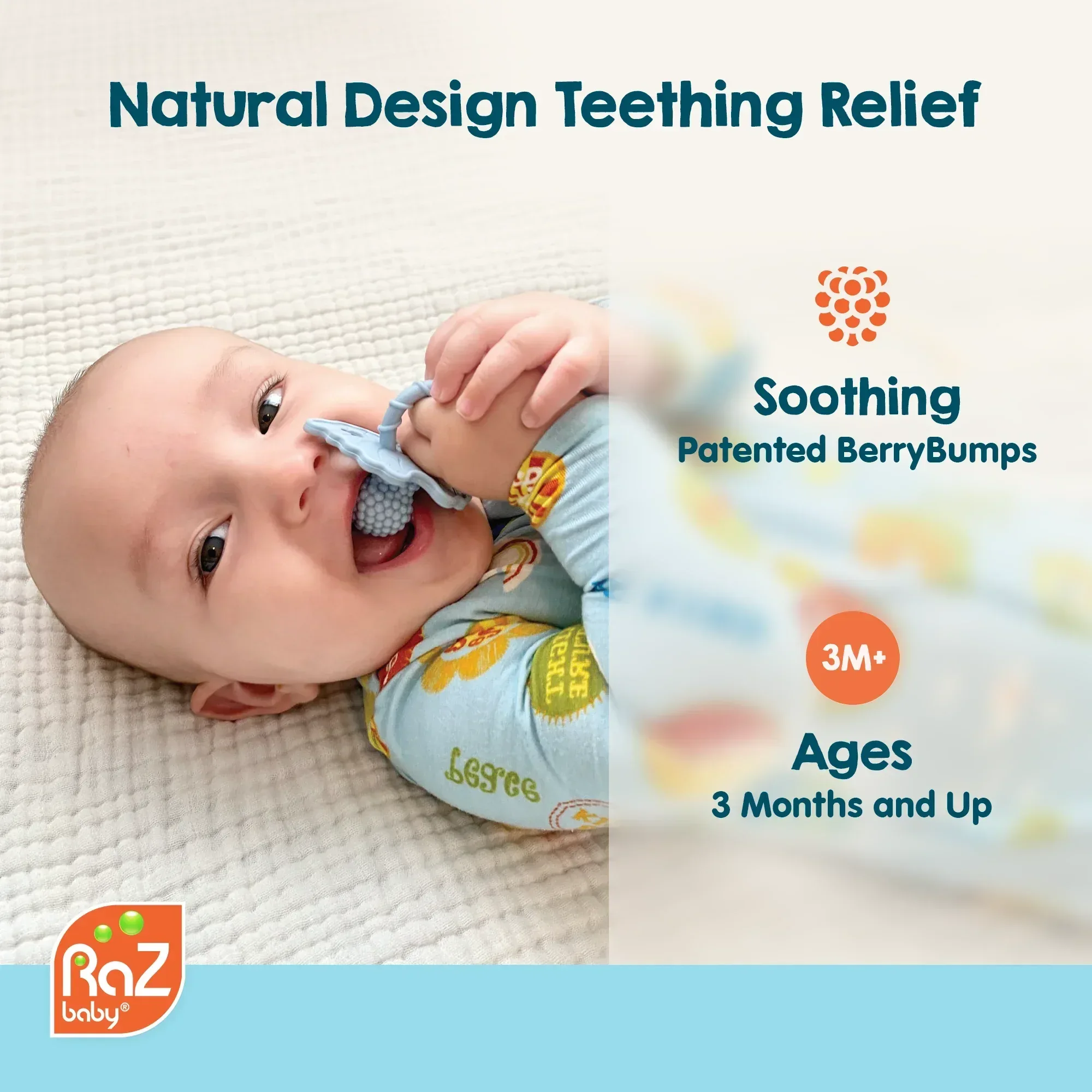 RaZbaby RaZberry Silicone Teether Toy / Multi-Texture Design / Hands Free Design / for Baby 3m+ / Pacifier Style Teether - Image 2