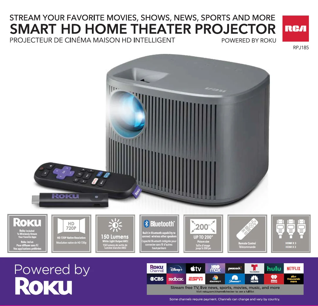RCA 720P HD Roku Smart Home Theater Projector With Roku Express Streaming, 150 ANSI, RPJ185, Black - Image 5