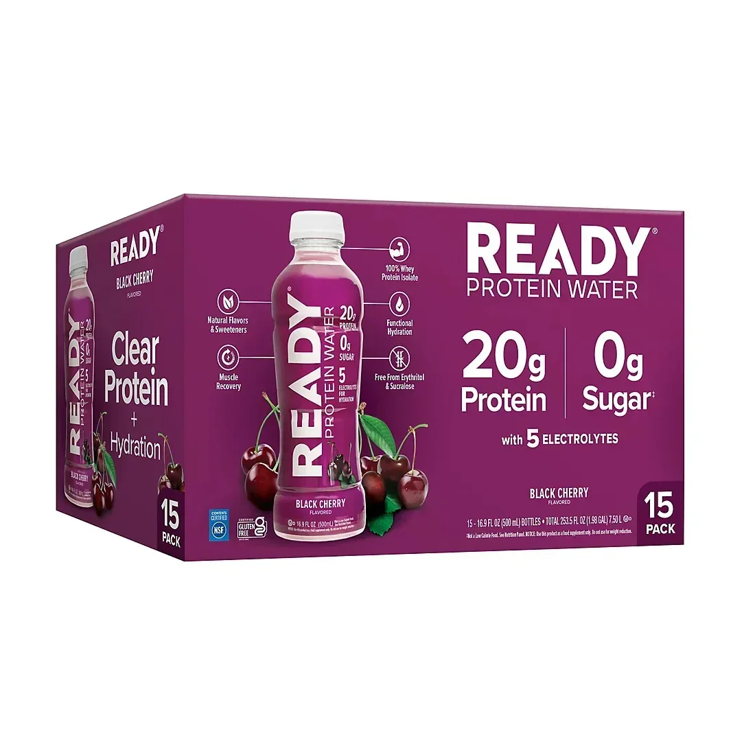 Ready Clear Protein Water, Black Cherry, 20g Protein, Bottles, 15 pk./16.9 oz. - Image 2