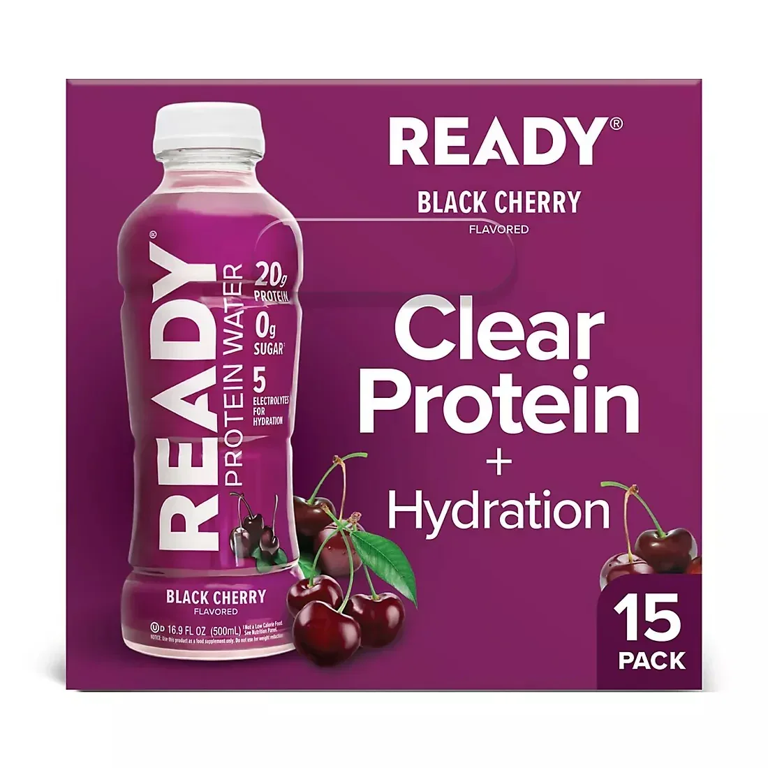 Ready Clear Protein Water, Black Cherry, 20g Protein, Bottles, 15 pk./16.9 oz. - Image 4