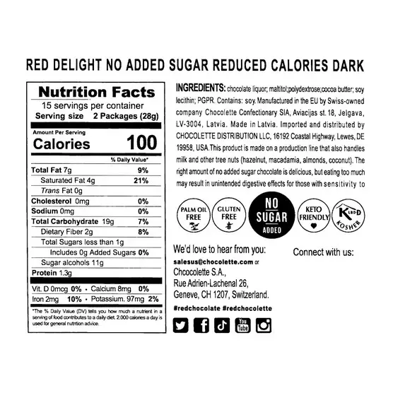 RED Delight Vegan Dark Chocolate Bars 30 - 14 Gr. Snack Size Bars Per Bag, 2-pack - Image 3