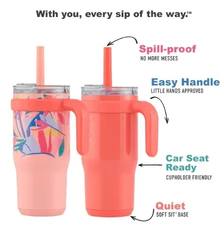 Reduce Vacuum Insulated Stainless Steel 2pk Coldee Mug with Lid and Spill-Proof Straw, Pink Coral & Peachy Tropics, 18 oz - Image 3