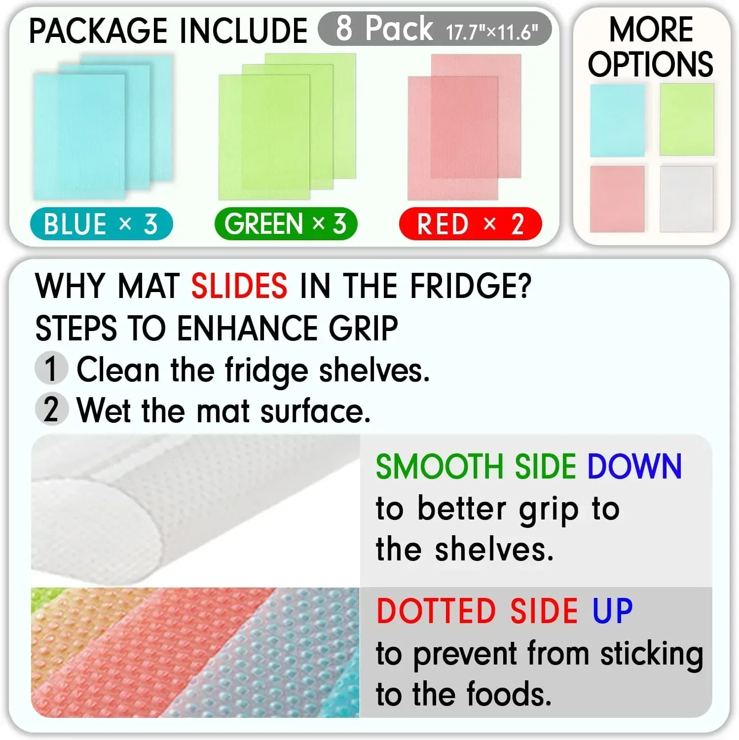 Refrigerator Liners, Maynest Washable Mats Covers Pads, Home Kitchen Gadgets Accessories Organization for Top Freezer Glass Shelf Wire Shelving Cupboard Cabinet Drawers (3 Blue+3 Green+2 Red) - Image 2