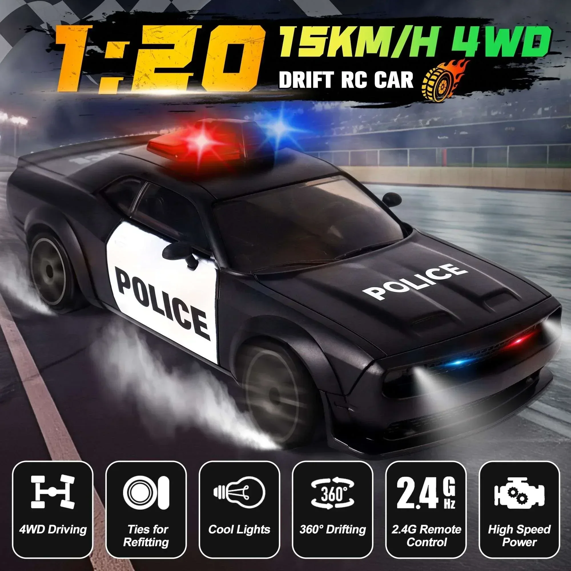 Remote Control Car, 1:20 Scale 15KM/H 4WD Drift Car with LED Lights & 2 Rechargeable Batteries, Racing Drift Car Toy for 3-8 Boys & Girls - Image 3