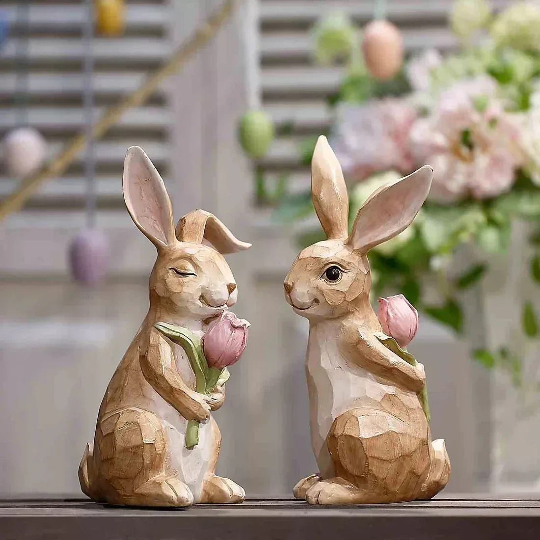 Resin Bunny With Flower Decor 2 pk.
