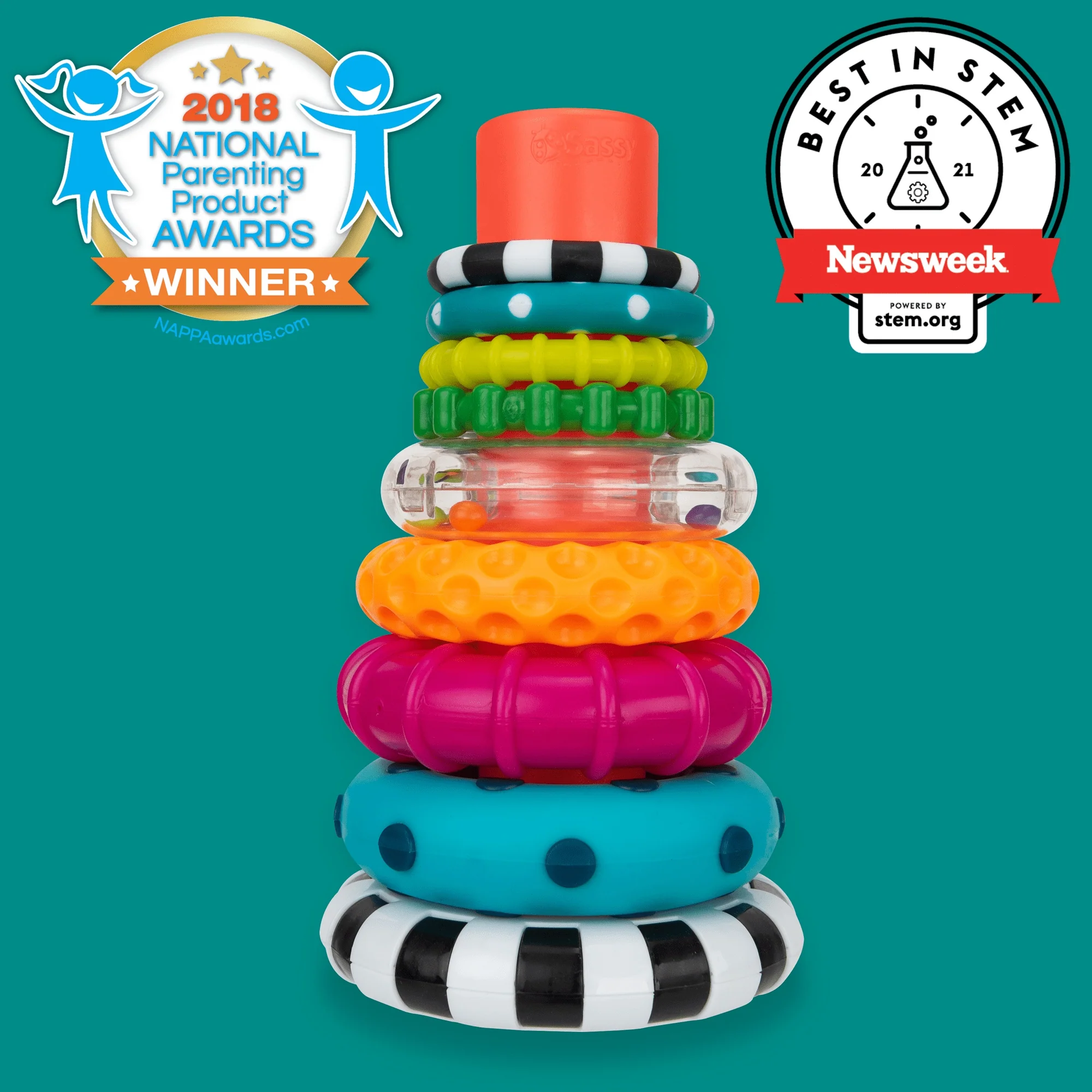 Sassy Stacks of Circles Stacking Ring STEM Learning Toy, 9 Piece Set, Ages 6 Months and Up - Image 3
