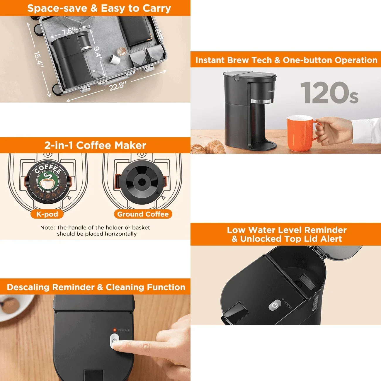 Sboly Mini Single Serve Coffee Maker, Instant Coffee Maker One Cup for K Cup & Ground Coffee, 6 to 12 oz Brew Sizes, Capsule Coffee Machine with Water Window and Descaling Reminder, Black - Image 6