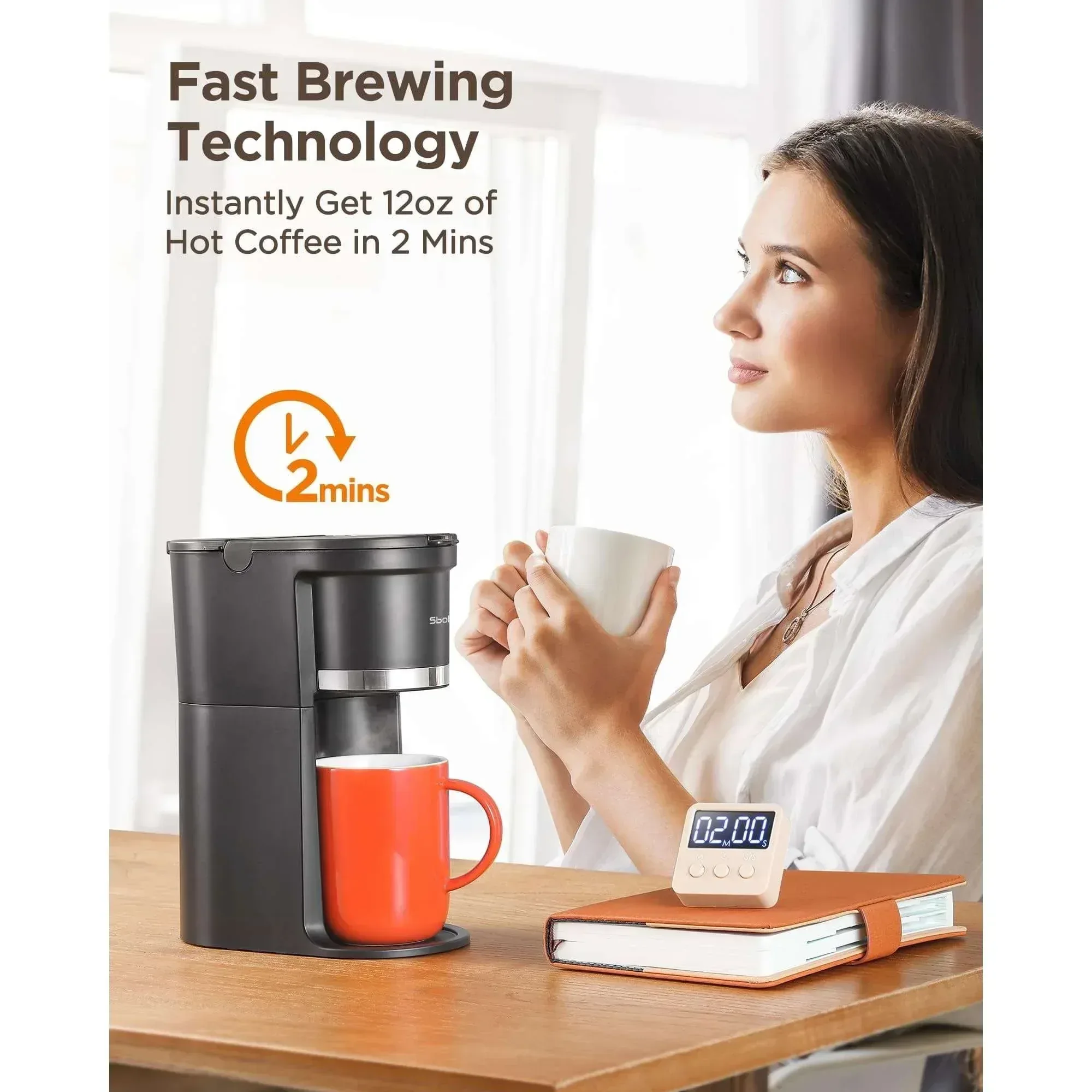 Sboly Mini Single Serve Coffee Maker, Instant Coffee Maker One Cup for K Cup & Ground Coffee, 6 to 12 oz Brew Sizes, Capsule Coffee Machine with Water Window and Descaling Reminder, Black - Image 7