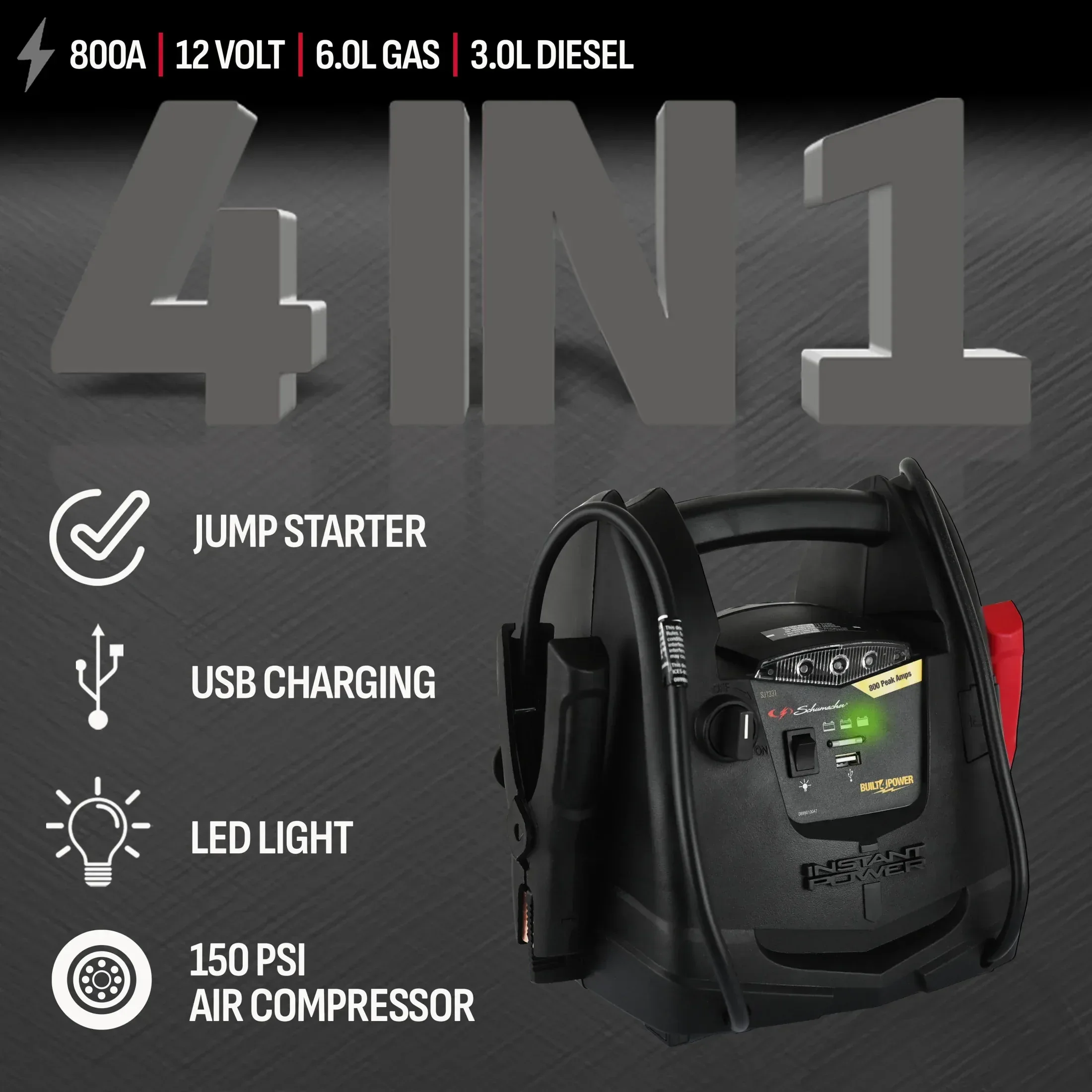 Schumacher Electric 800A Car Battery Jump Starter and Portable Power Station, 150-PSI Air Compressor, 12V Sport, Auto, and Marine Batteries, SJ1583 - Image 2