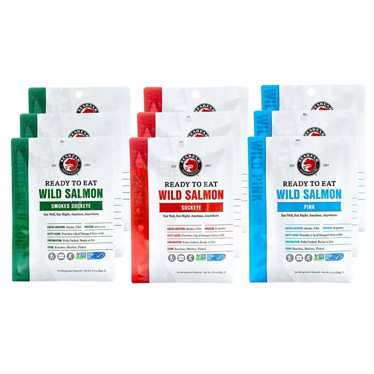 SeaBear Ready to Eat Wild Salmon Variety Pack, 9 Pouches (3.5 oz. each) - Image 2