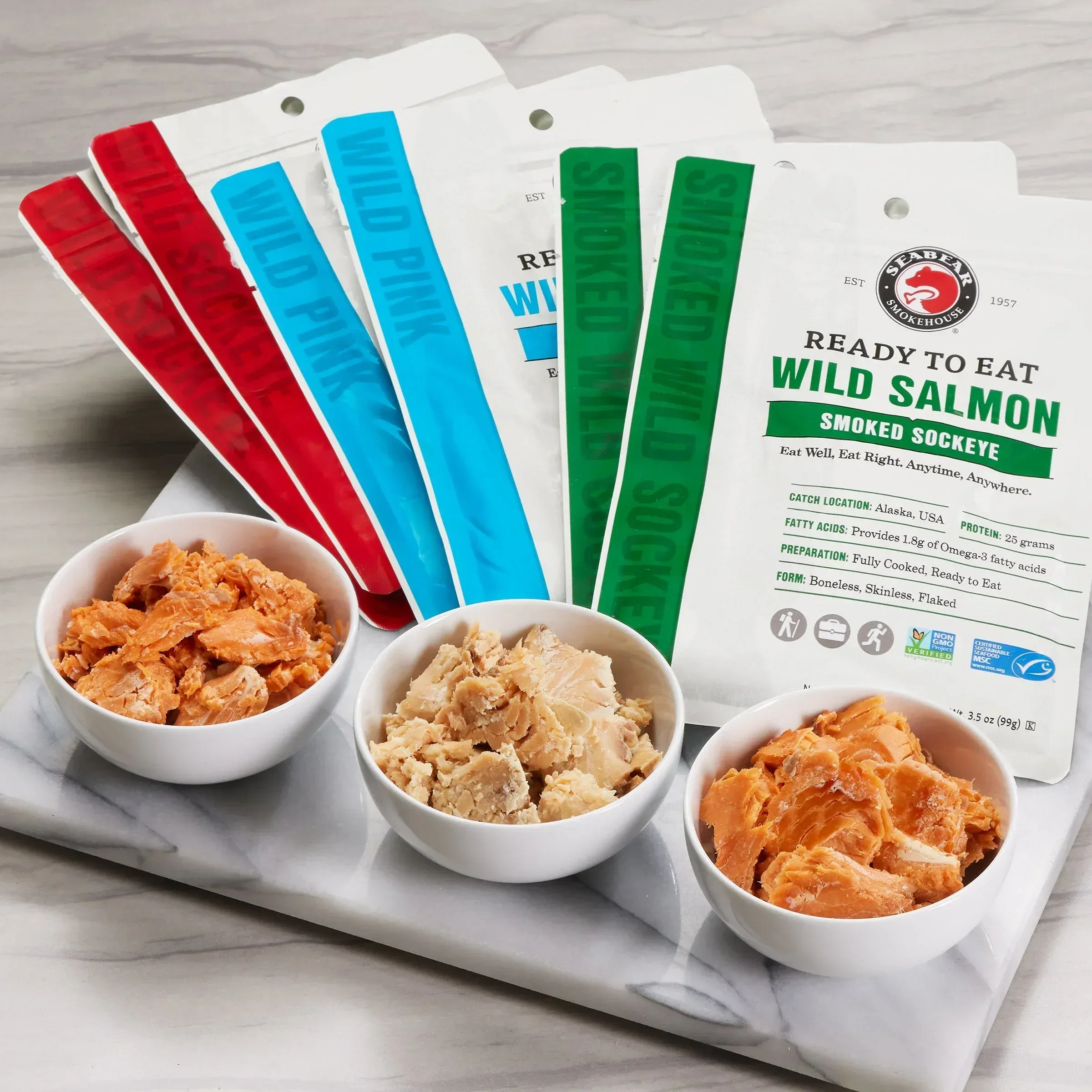 SeaBear Ready to Eat Wild Salmon Variety Pack, 9 Pouches (3.5 oz. each) - Image 3