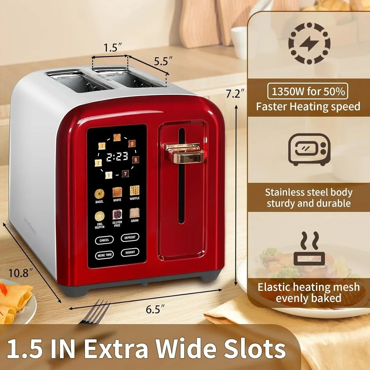 SEEDEEM Toaster 2 Slice, Touch Control Stainless Toaster LCD Display, 50% Faster Heating Speed, 1.4'' Wide Slots, More Timer Functions, Removable Crumb Tray, 1350W, Dark Metallic - Image 2