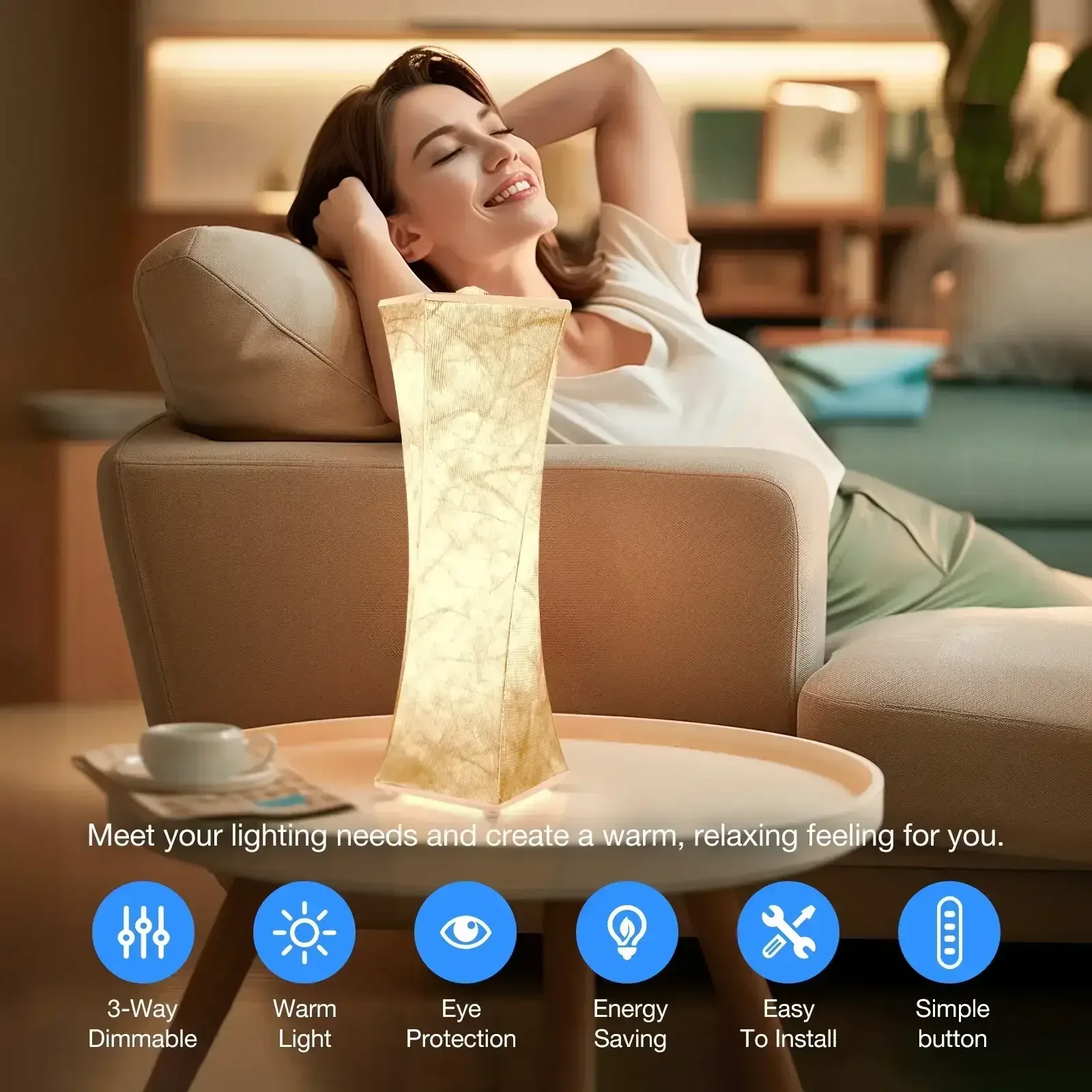 Set of 2 Fabric Table Lamp, Modern Dimmable Nightstand Lamp Bedside Desk Lamp, With Shade & LED Strip, For Bedroom Living Room, USB Interface - Image 3
