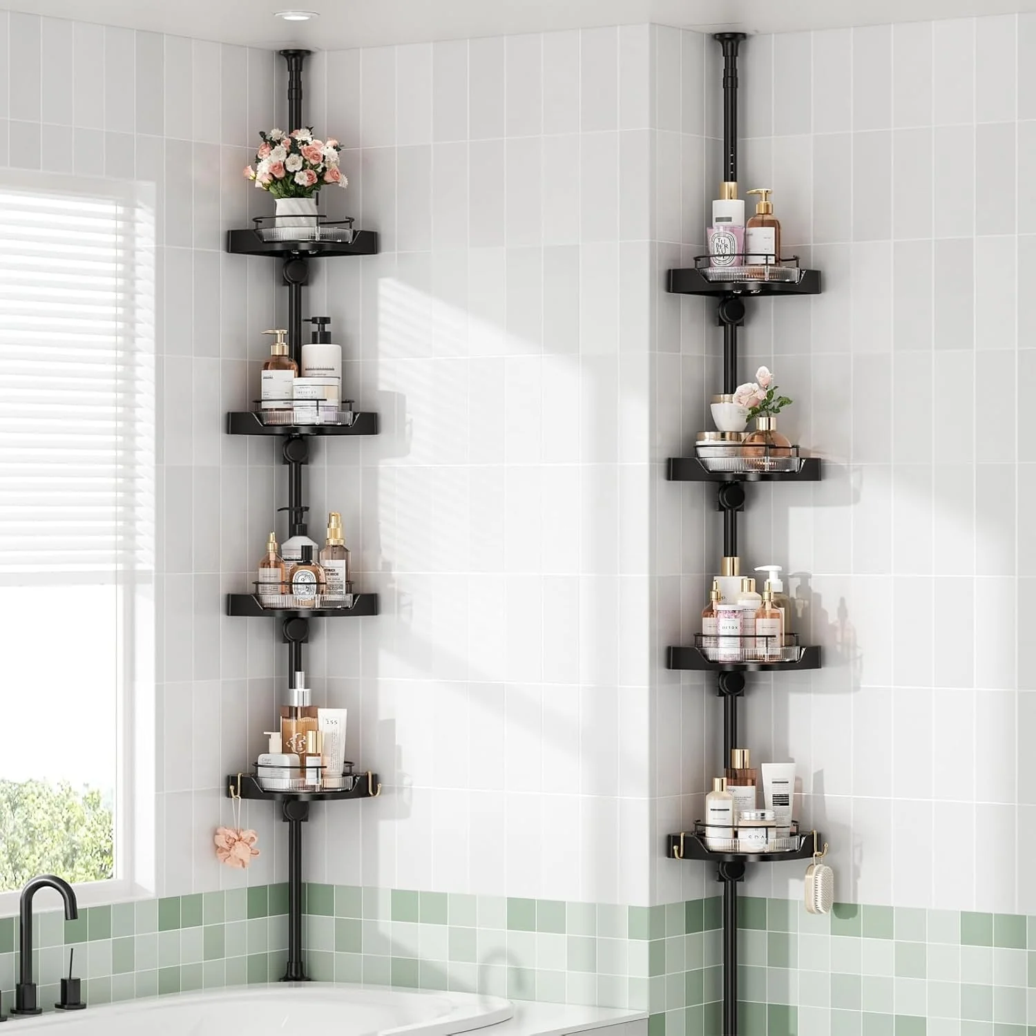 shuang qing 360°  Corner Shower Caddy Tension Pole Organizer - 4-Tier Adjustable Rustproof Metal Pole, Plastic Shelves with Safety Guardrail, Bathroom Storage for Shower & Bathtub