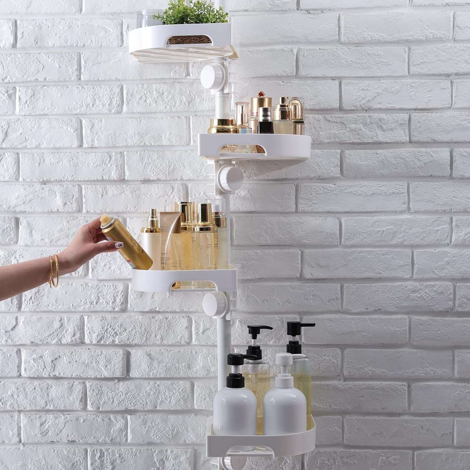 shuang qing 360°  Corner Shower Caddy Tension Pole Organizer - 4-Tier Adjustable Rustproof Metal Pole, Plastic Shelves with Safety Guardrail, Bathroom Storage for Shower & Bathtub - Image 10