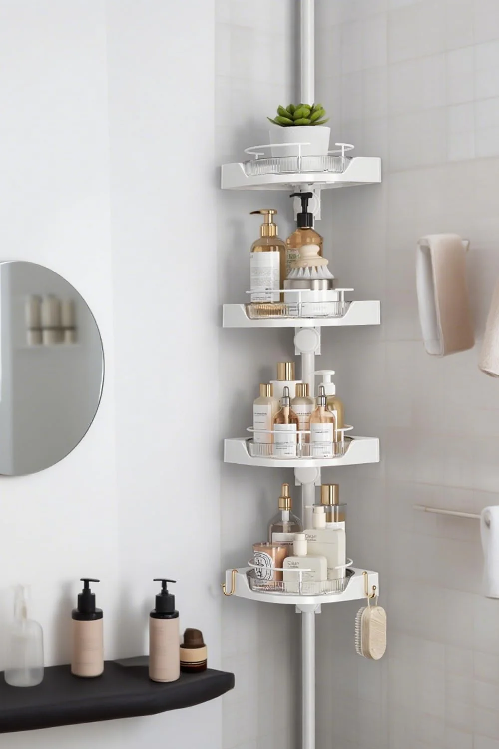 shuang qing 360°  Corner Shower Caddy Tension Pole Organizer - 4-Tier Adjustable Rustproof Metal Pole, Plastic Shelves with Safety Guardrail, Bathroom Storage for Shower & Bathtub - Image 11