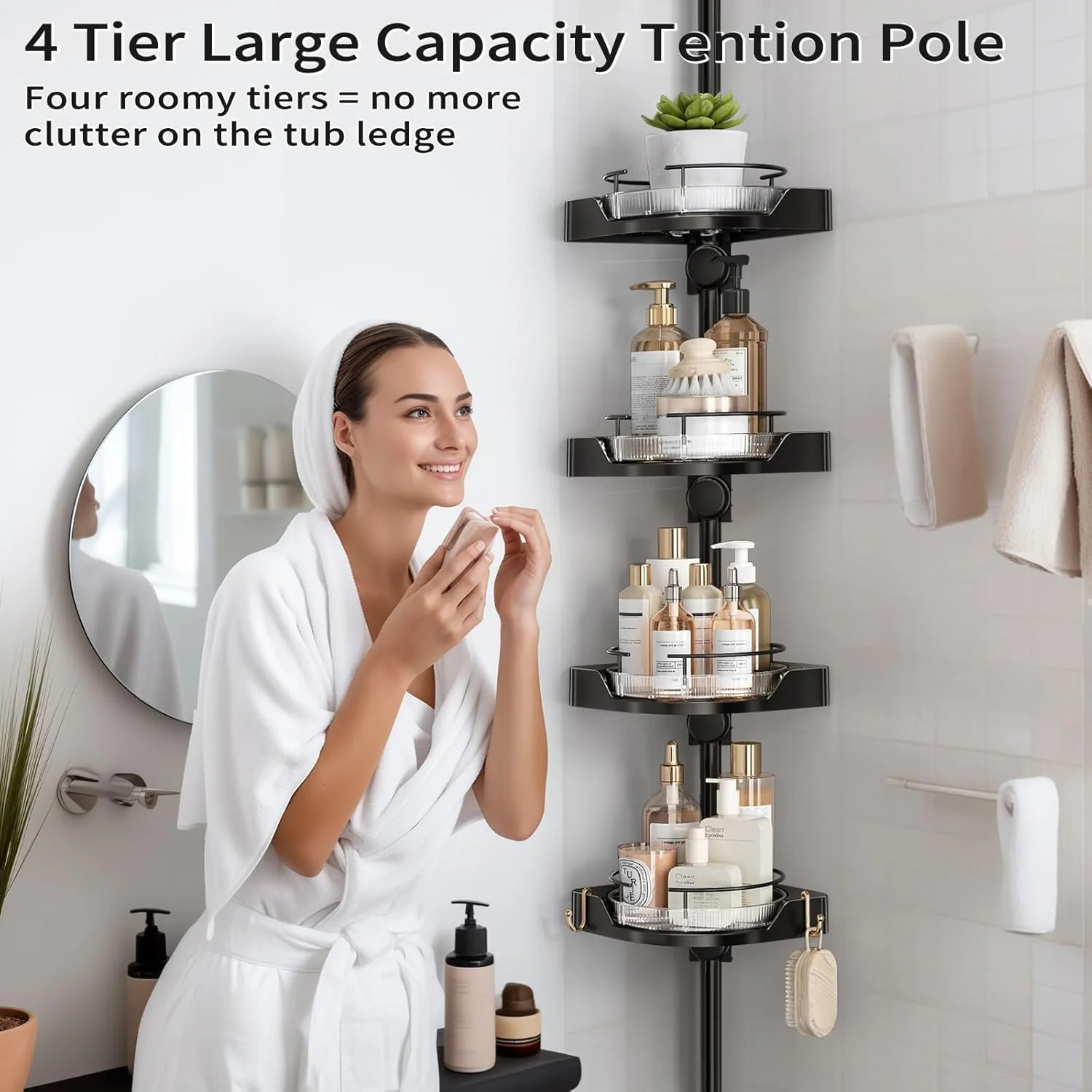 shuang qing 360°  Corner Shower Caddy Tension Pole Organizer - 4-Tier Adjustable Rustproof Metal Pole, Plastic Shelves with Safety Guardrail, Bathroom Storage for Shower & Bathtub - Image 4