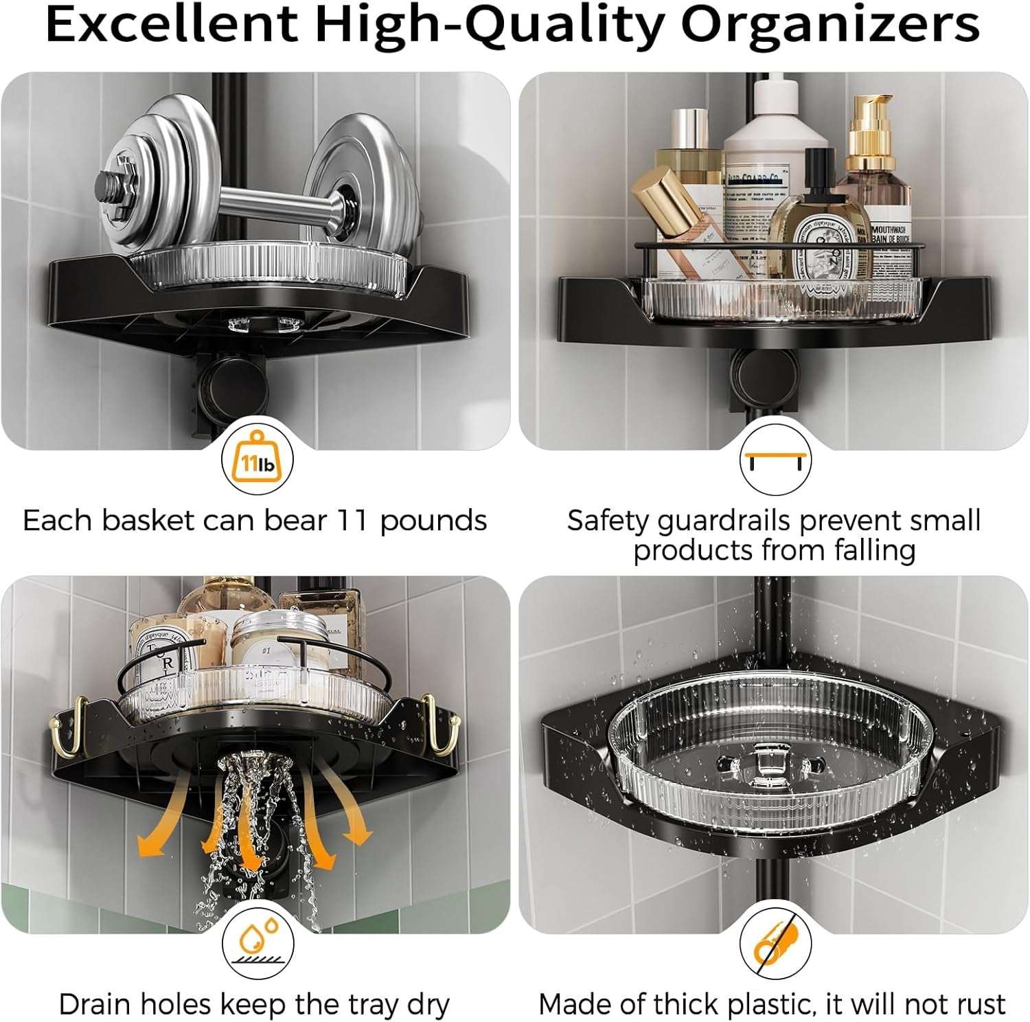 shuang qing 360°  Corner Shower Caddy Tension Pole Organizer - 4-Tier Adjustable Rustproof Metal Pole, Plastic Shelves with Safety Guardrail, Bathroom Storage for Shower & Bathtub - Image 5