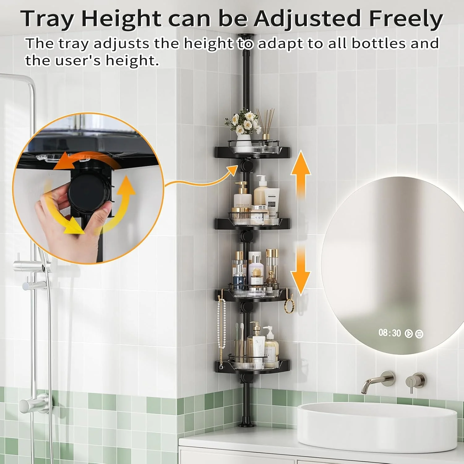 shuang qing 360°  Corner Shower Caddy Tension Pole Organizer - 4-Tier Adjustable Rustproof Metal Pole, Plastic Shelves with Safety Guardrail, Bathroom Storage for Shower & Bathtub - Image 6