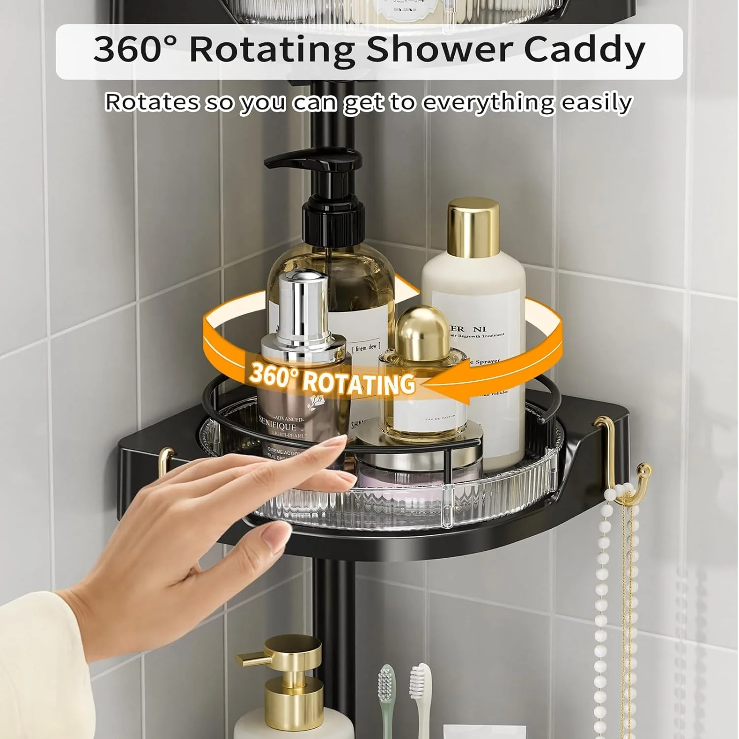 shuang qing 360°  Corner Shower Caddy Tension Pole Organizer - 4-Tier Adjustable Rustproof Metal Pole, Plastic Shelves with Safety Guardrail, Bathroom Storage for Shower & Bathtub - Image 7