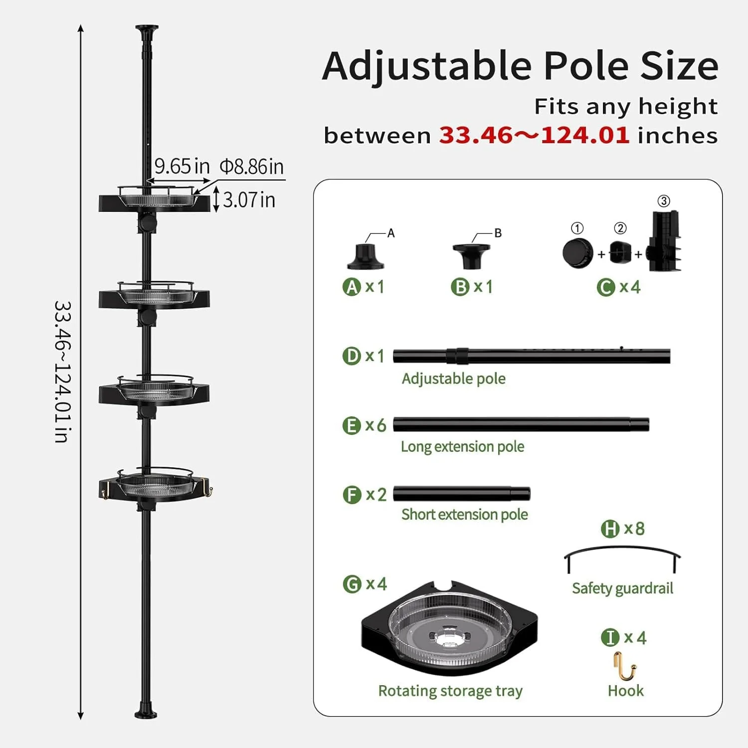 shuang qing 360°  Corner Shower Caddy Tension Pole Organizer - 4-Tier Adjustable Rustproof Metal Pole, Plastic Shelves with Safety Guardrail, Bathroom Storage for Shower & Bathtub - Image 8