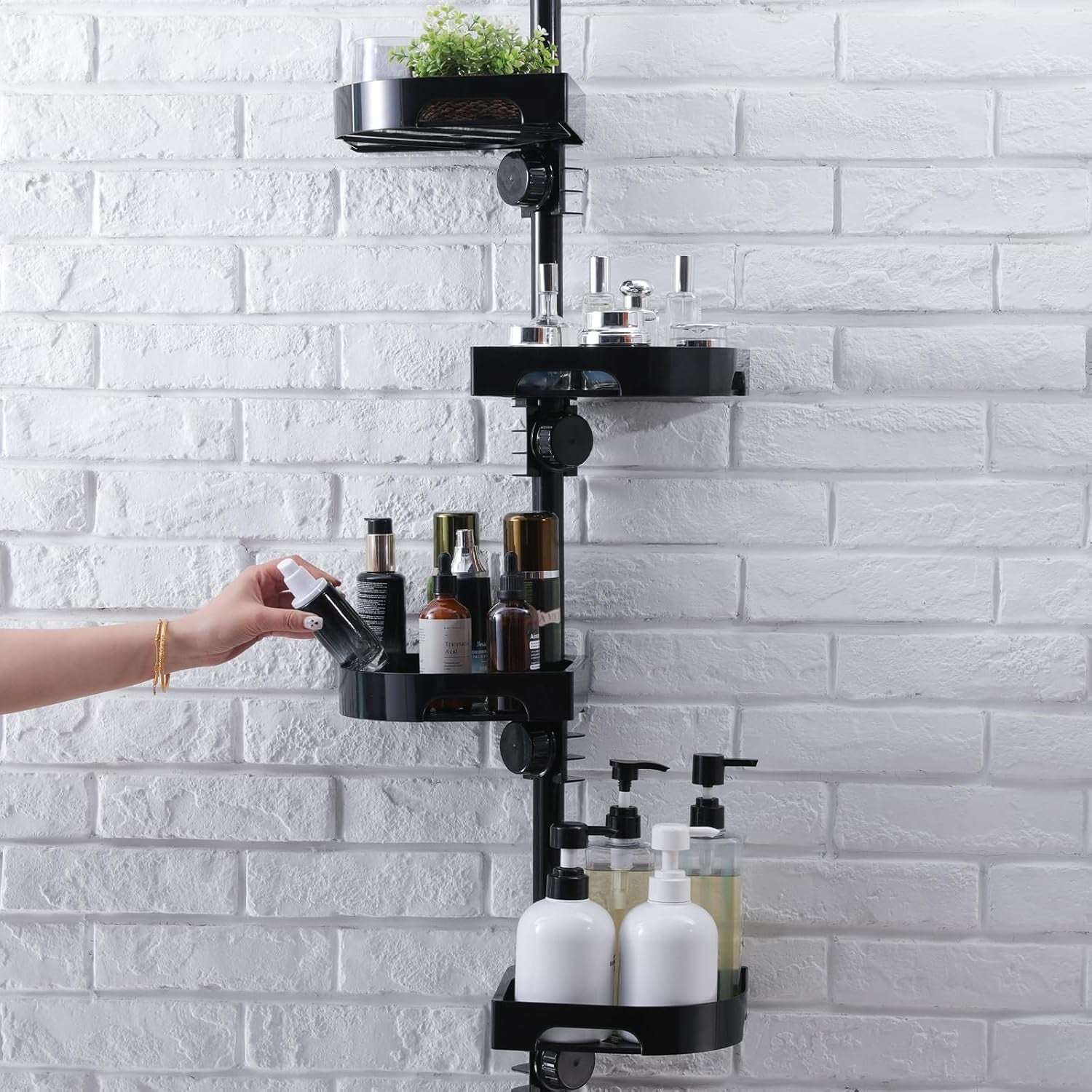 shuang qing 360°  Corner Shower Caddy Tension Pole Organizer - 4-Tier Adjustable Rustproof Metal Pole, Plastic Shelves with Safety Guardrail, Bathroom Storage for Shower & Bathtub - Image 9