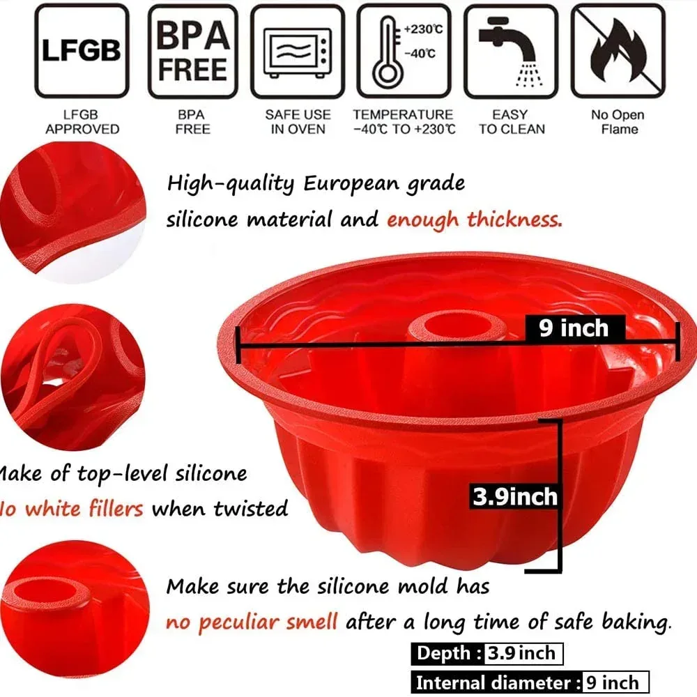 Silicone Baking Molds, European Grade Fluted Round Cake Pan, Non-Stick Cake Pan for Jello,Buntcake,Gelatin,Bread, 9.45 Inches Tube Bakeware Red - Image 2