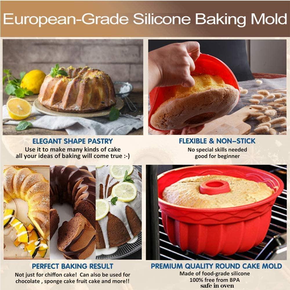 Silicone Baking Molds, European Grade Fluted Round Cake Pan, Non-Stick Cake Pan for Jello,Buntcake,Gelatin,Bread, 9.45 Inches Tube Bakeware Red - Image 4