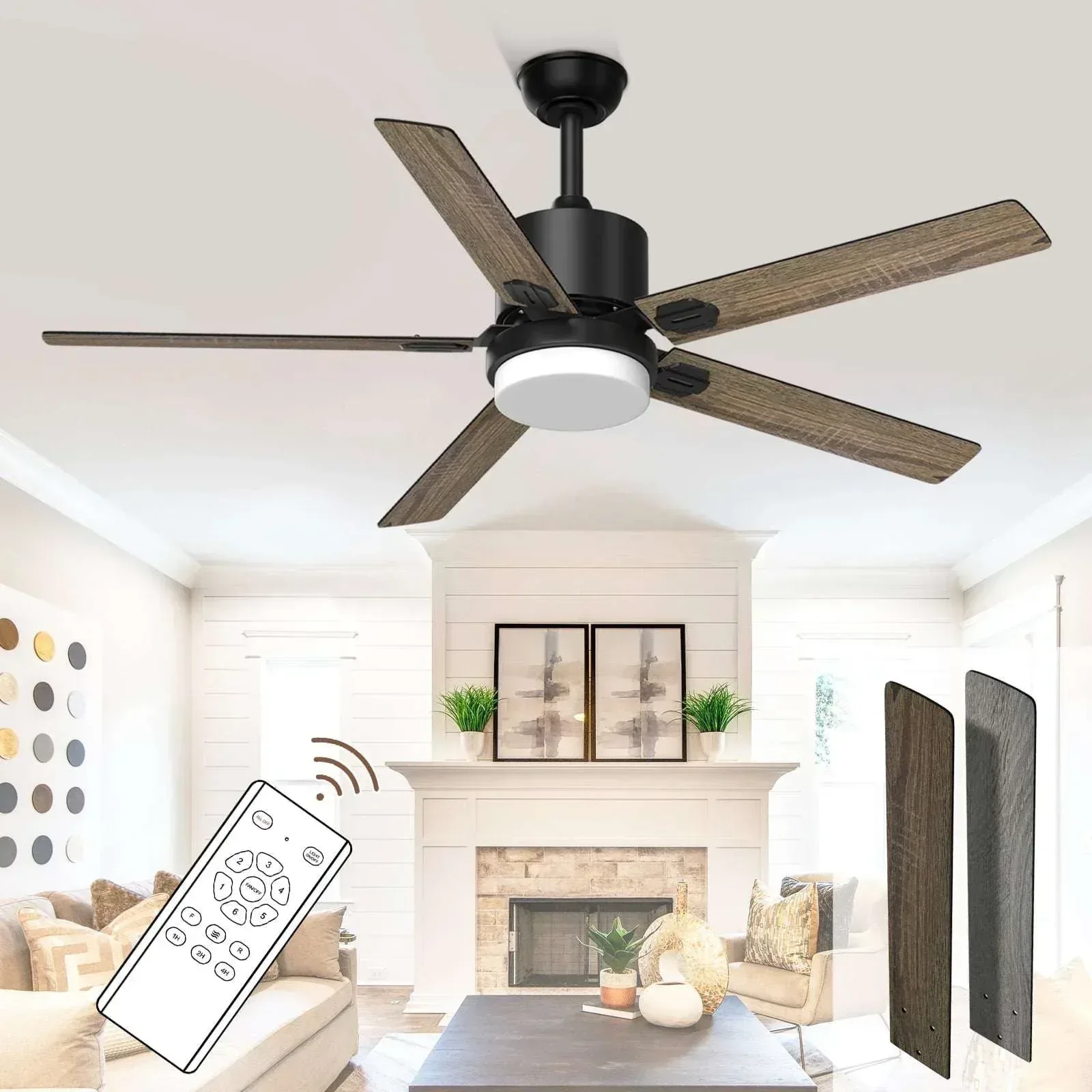 SKEVEN 52 ''Ceiling Fan with Light and Remote, Ceiling Fan 6-Speed Reversible DC Motor, Suitable for Outdoor Terraces, Bedrooms