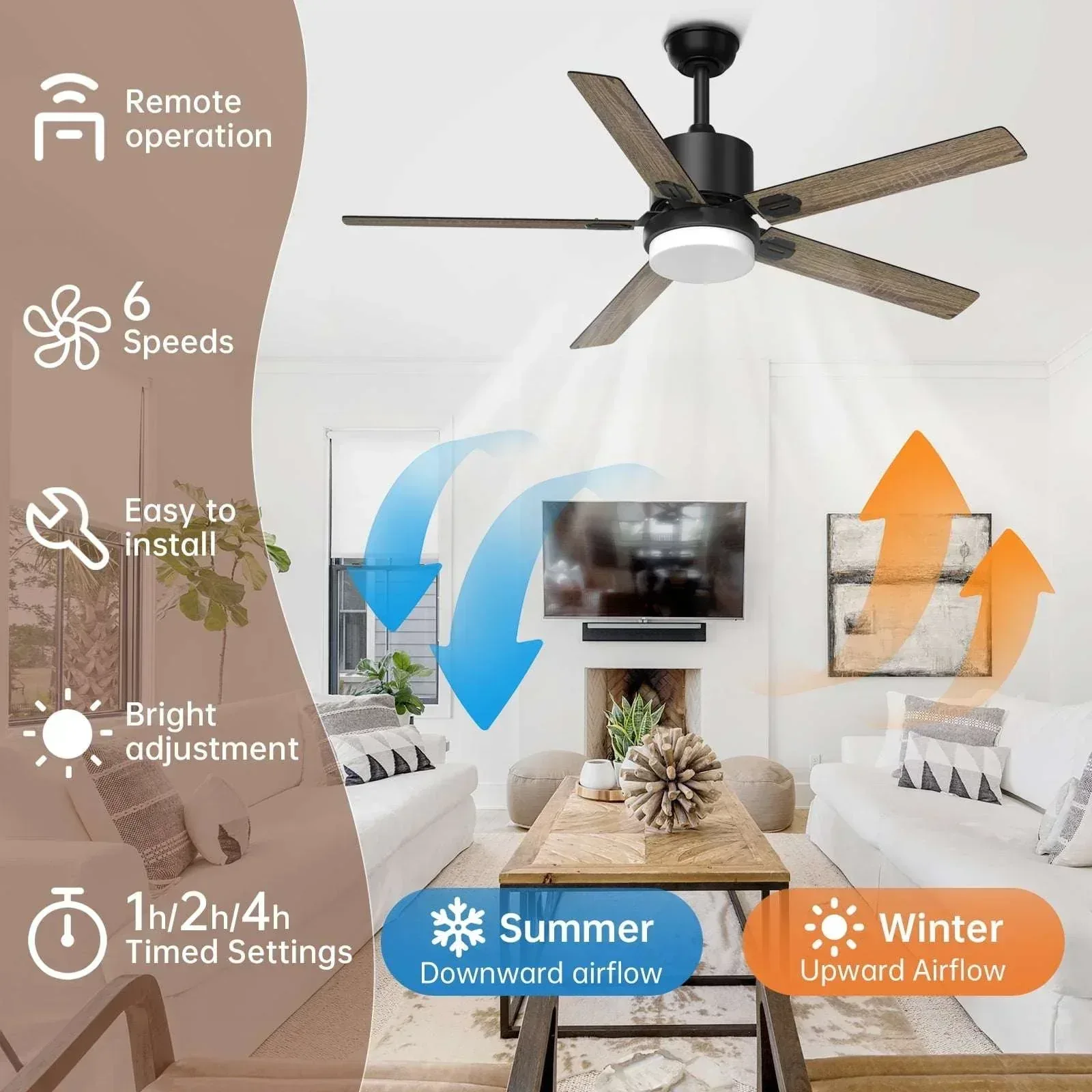 SKEVEN 52 ''Ceiling Fan with Light and Remote, Ceiling Fan 6-Speed Reversible DC Motor, Suitable for Outdoor Terraces, Bedrooms - Image 4