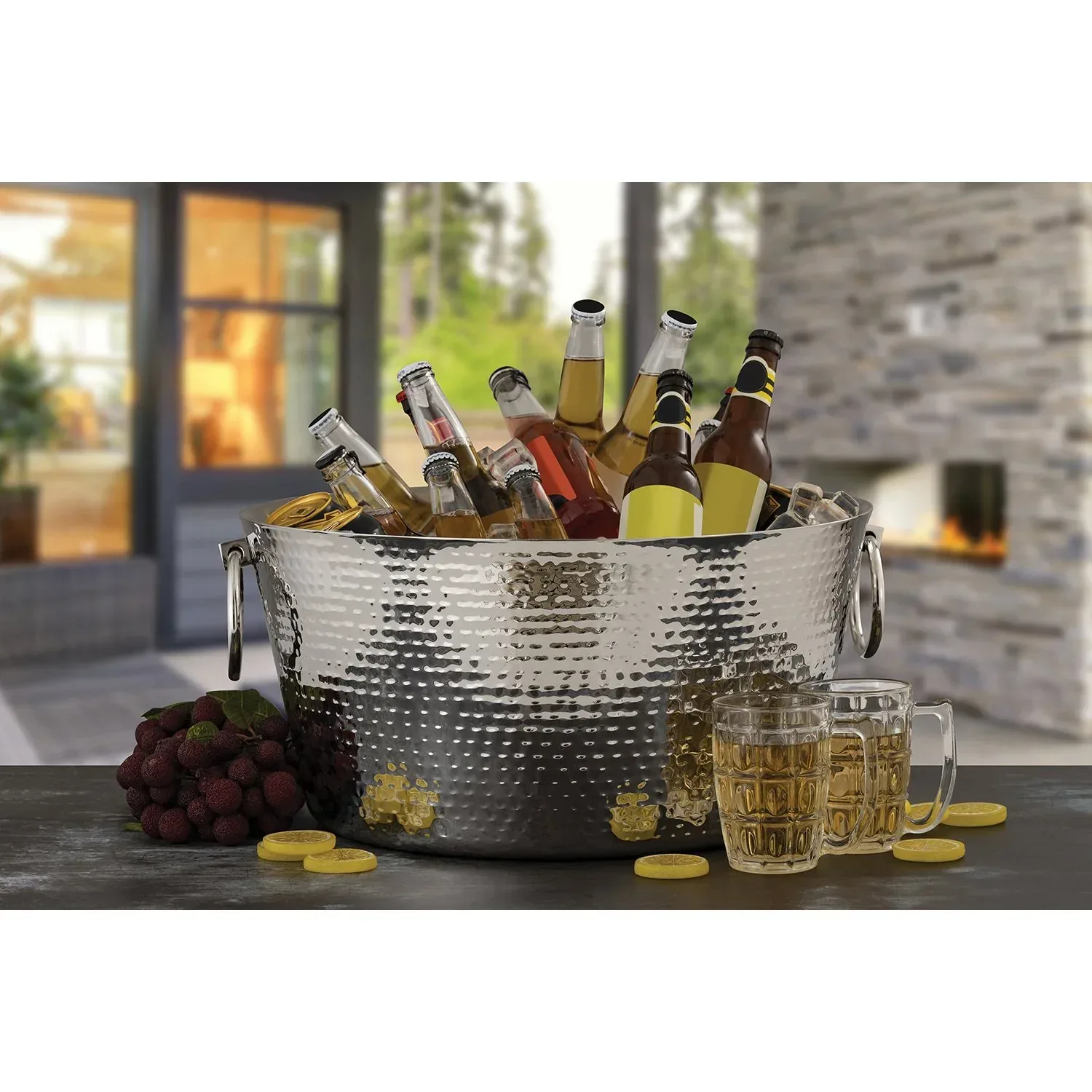 SKI 30 Quart Hammered Double Walled Stainless Steel Beverage Tub