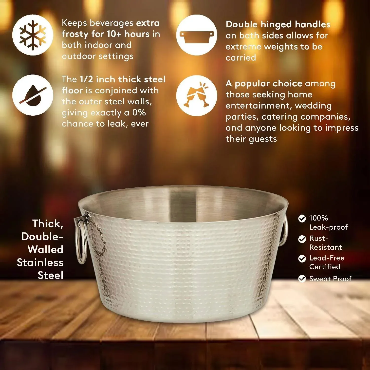SKI 30 Quart Hammered Double Walled Stainless Steel Beverage Tub - Image 7