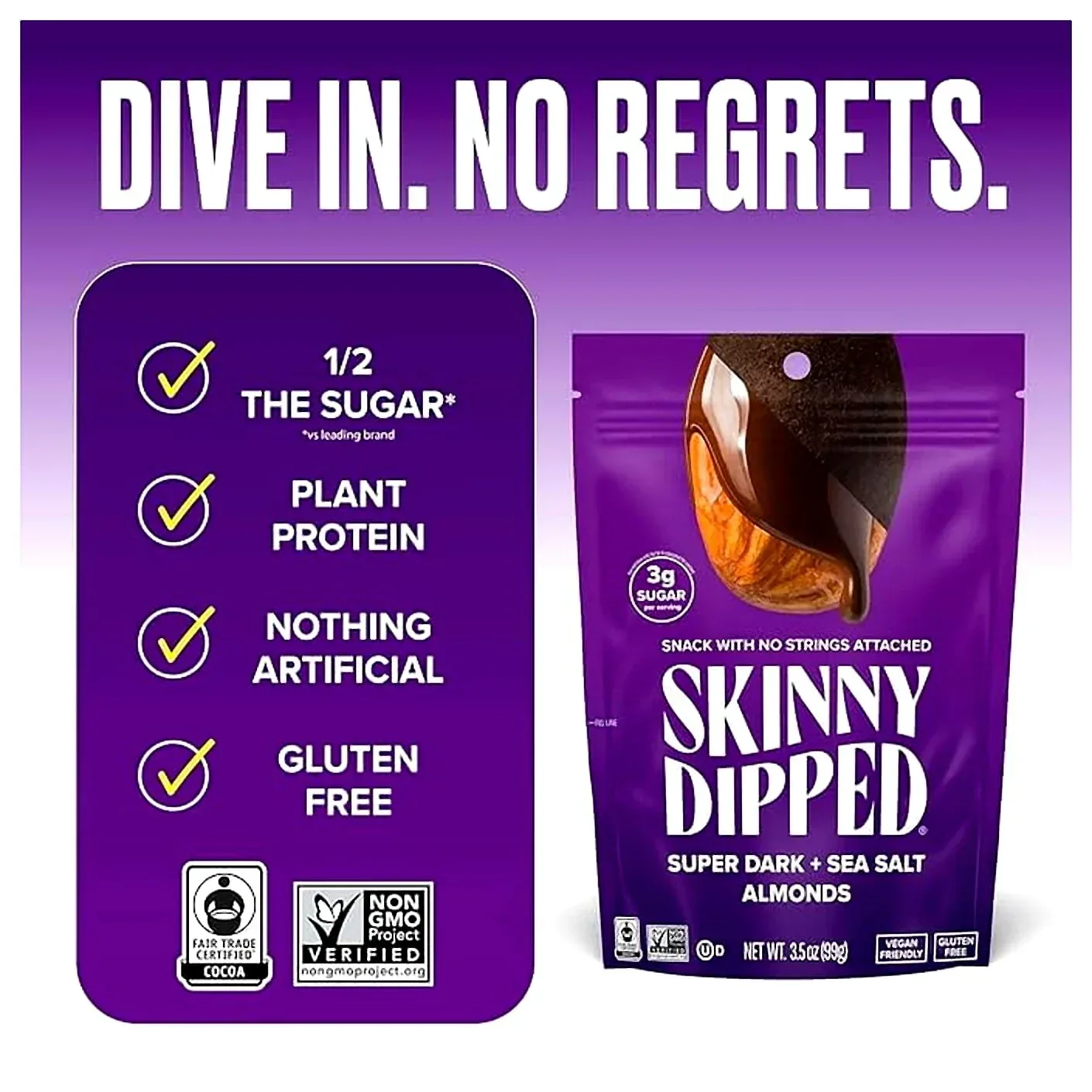 SKINNYDIPPED SuperDark + Sea Salt Chocolate Covered Almonds, 3.5 Ounce Resealable Bag, 1 Count Super Dark + Sea Salt 3.5 Ounce (Pack of 1) - Image 2
