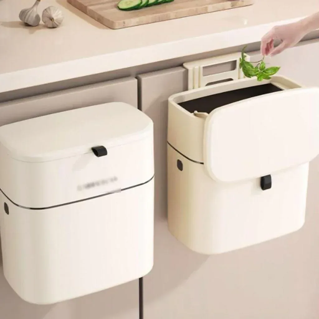 Slim 10L Trash Can with Press-Lid, Wall-Mountable Plastic Garbage Bin for Small Spaces Like Home, Office, Kitchen, Bedroom - Image 3