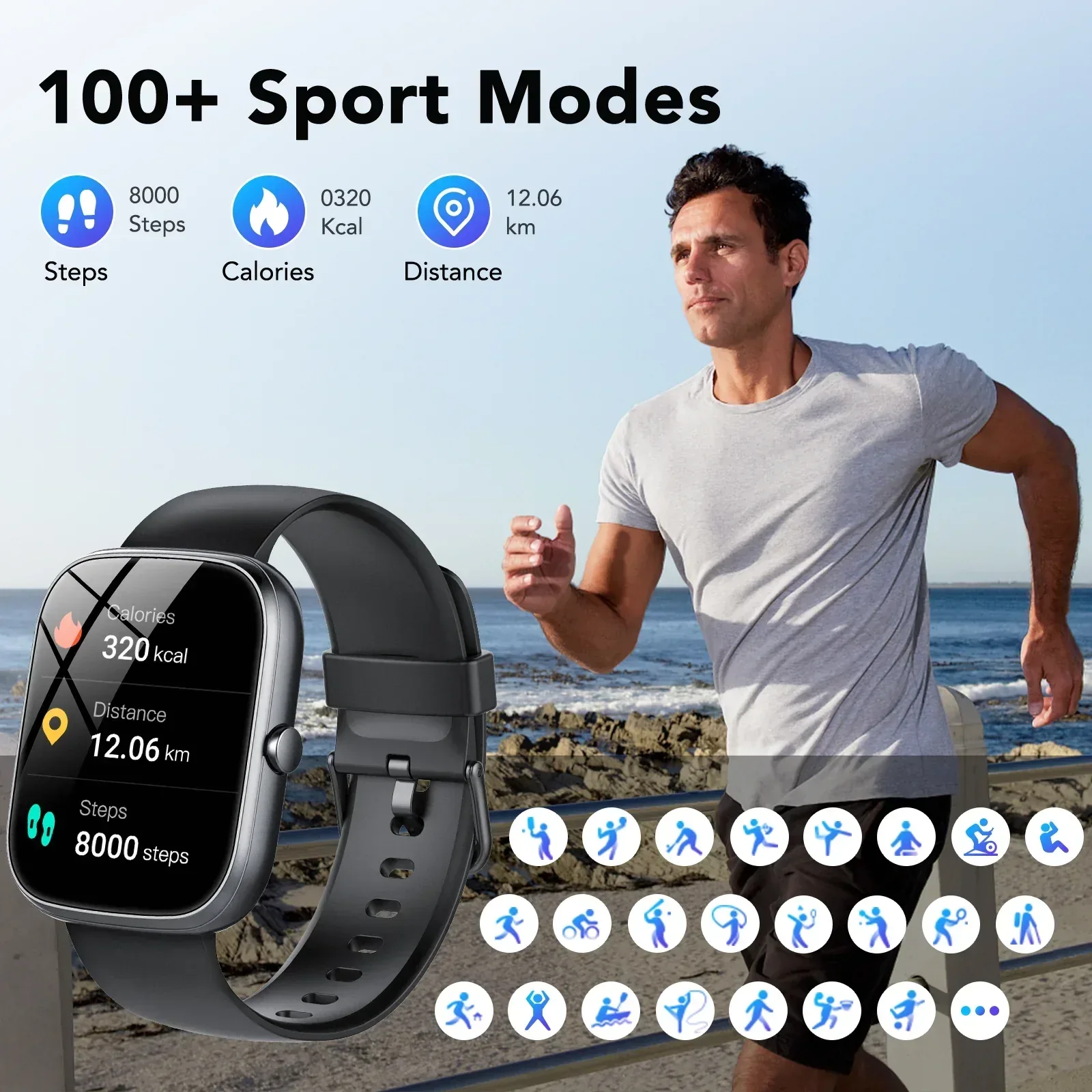 Smart Watch Fits for Android and iPhone, IP68 Waterproof Smartwatch for Women Men 100+ Sports Modes 1.91-inch Fitness Tracker, Smart Watch with Bluetooth Call(Answer/Make Calls), for Gift Black - Image 3