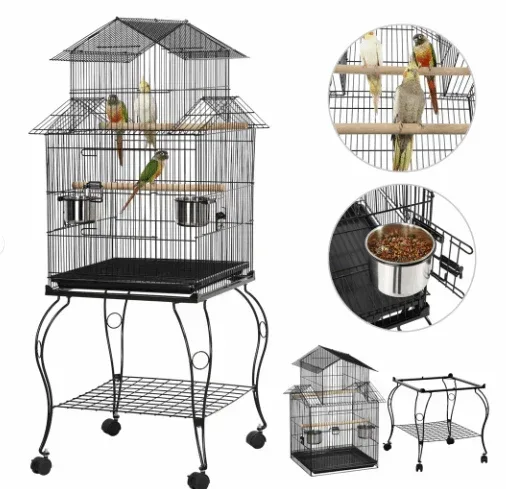 SMILE MART Metal Rolling Bird Cage with Triple Roof Detachable Stand for Birds Finches Lovebirds Canaries Cockatiels Conures Parakeets, Black - Image 3