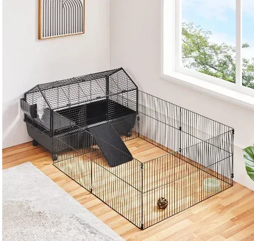 SmileMart Rolling Small Animal Cage with Playpen Ramps & Water Bottle for Rabbits, Black - Image 2