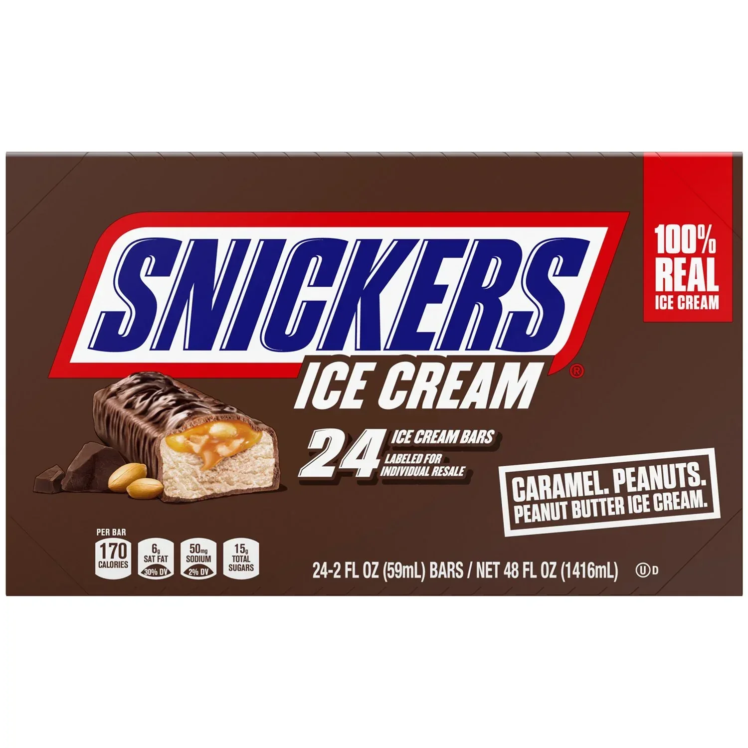 SNICKERS Chocolate Caramel Peanut Butter Ice Cream Bars, Frozen, 2 oz., 24 ct. - Image 4