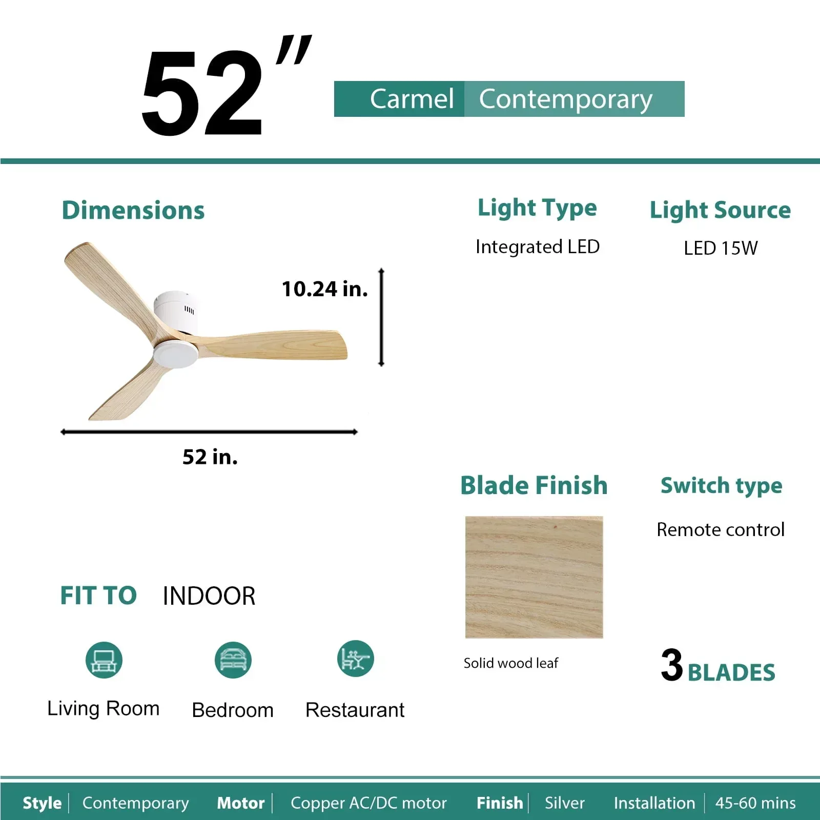 Sofucor 52 Inch Modern Flush Mount Ceiling Fan with Wood Blades - Image 4