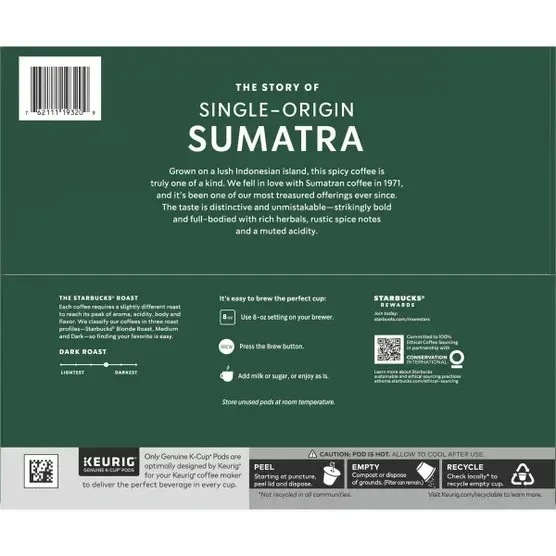 Starbucks Coffee Single Origin Sumatra Dark Roast K-Cup, 72-count - Image 4