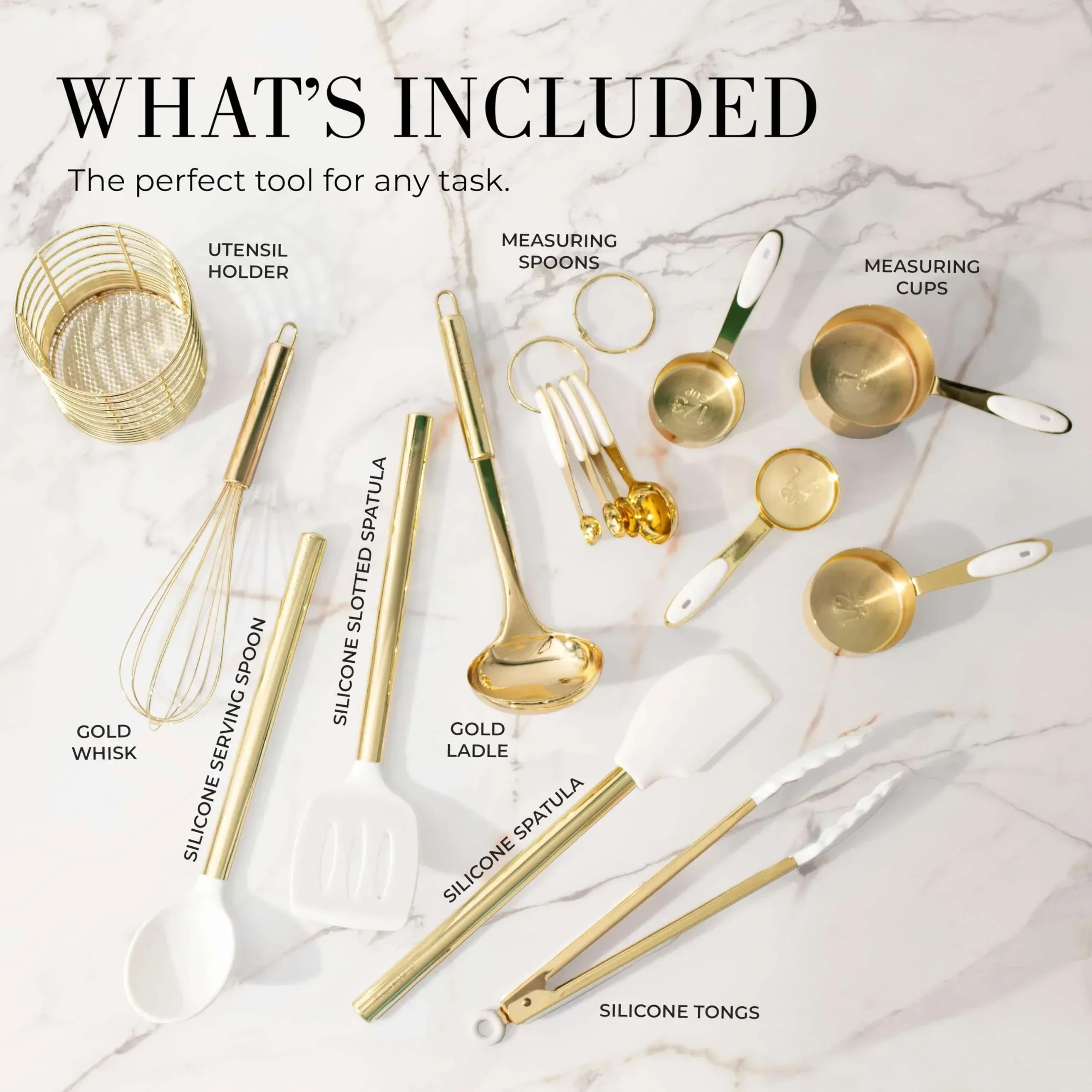 Styled Settings White and Gold Kitchen Utensils Set - 15-Piece Non-Scratch, White and Gold Utensils Set Includes White Silicone Cooking Utensils and White and Gold Measuring Cups and Spoons - Image 2