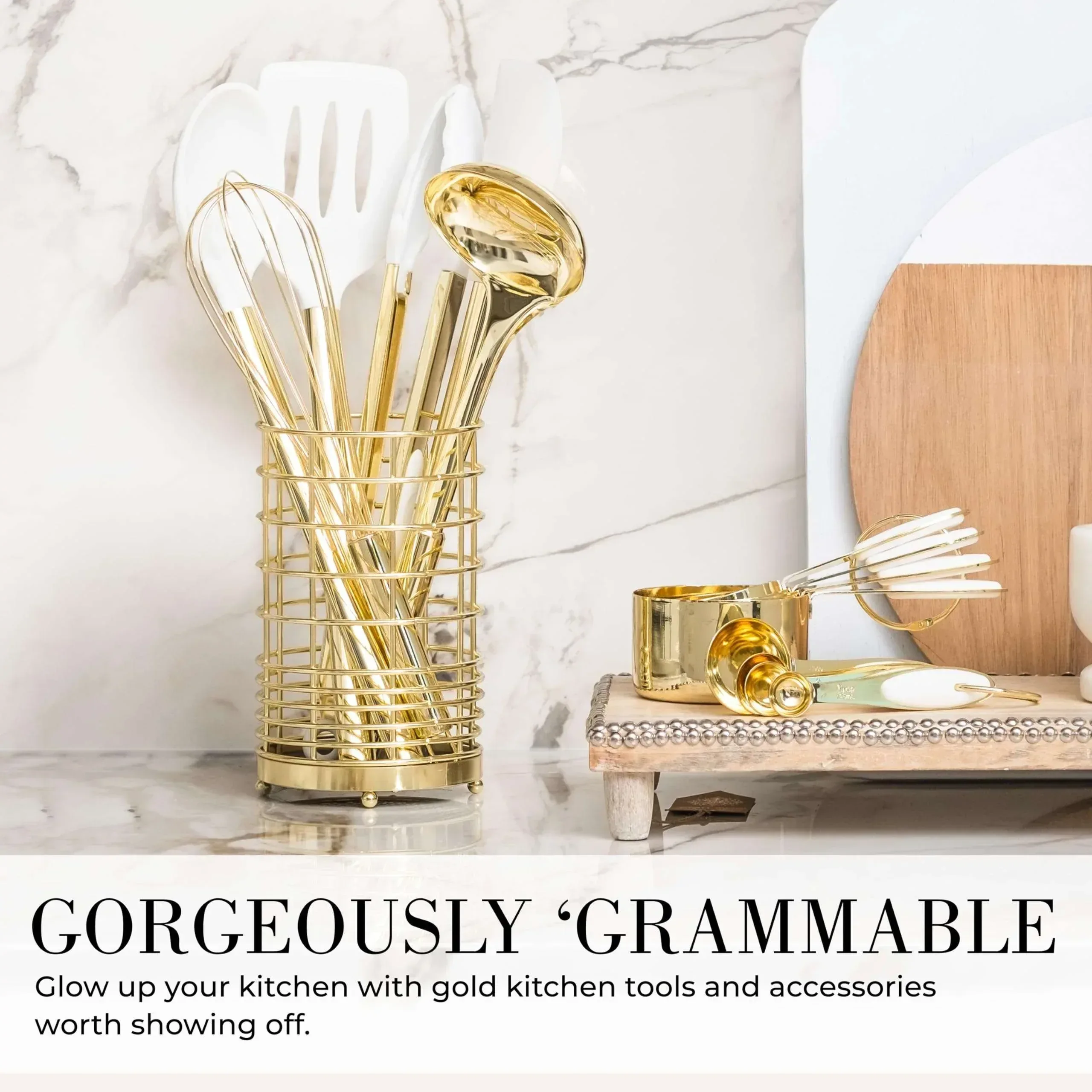 Styled Settings White and Gold Kitchen Utensils Set - 15-Piece Non-Scratch, White and Gold Utensils Set Includes White Silicone Cooking Utensils and White and Gold Measuring Cups and Spoons - Image 3