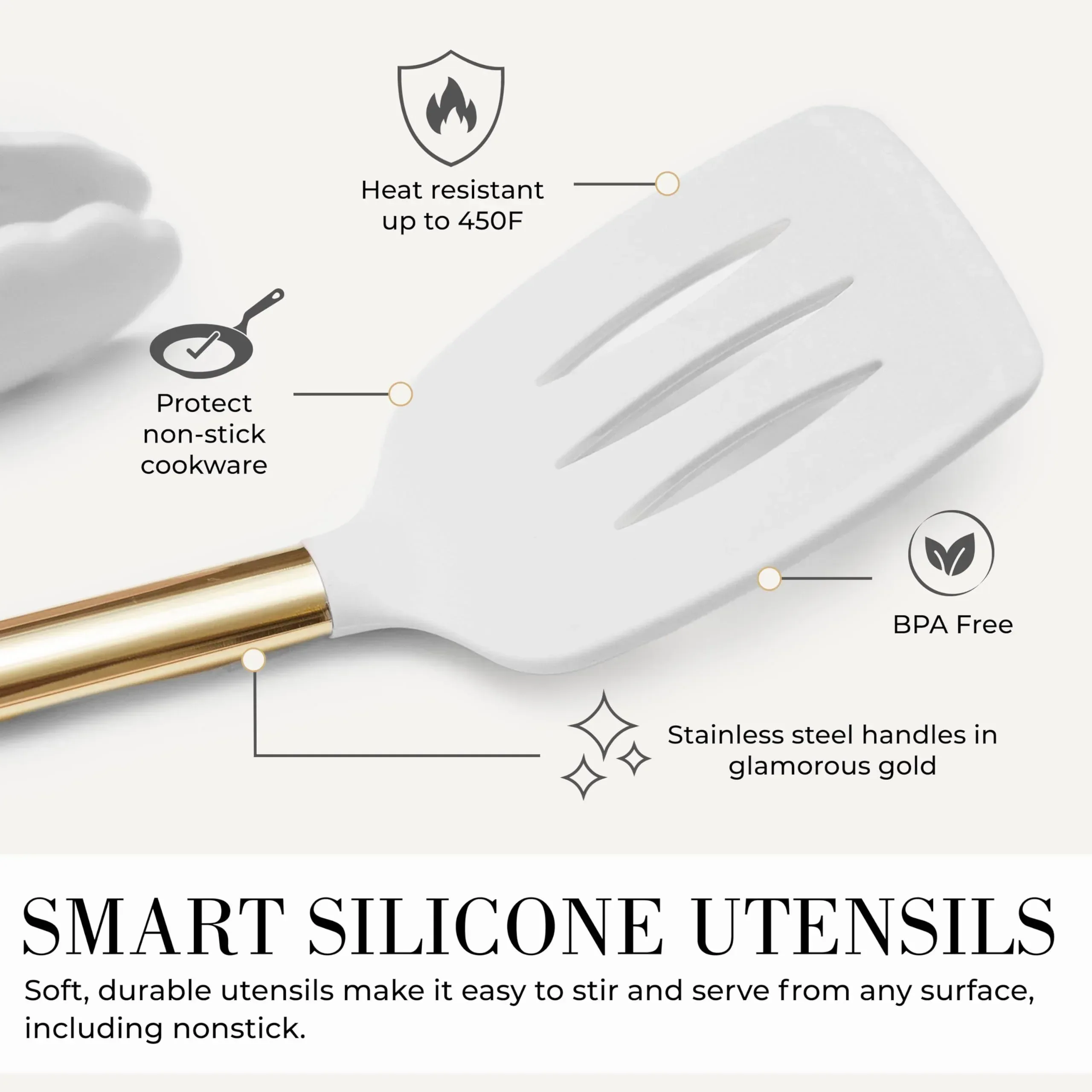 Styled Settings White and Gold Kitchen Utensils Set - 15-Piece Non-Scratch, White and Gold Utensils Set Includes White Silicone Cooking Utensils and White and Gold Measuring Cups and Spoons - Image 4