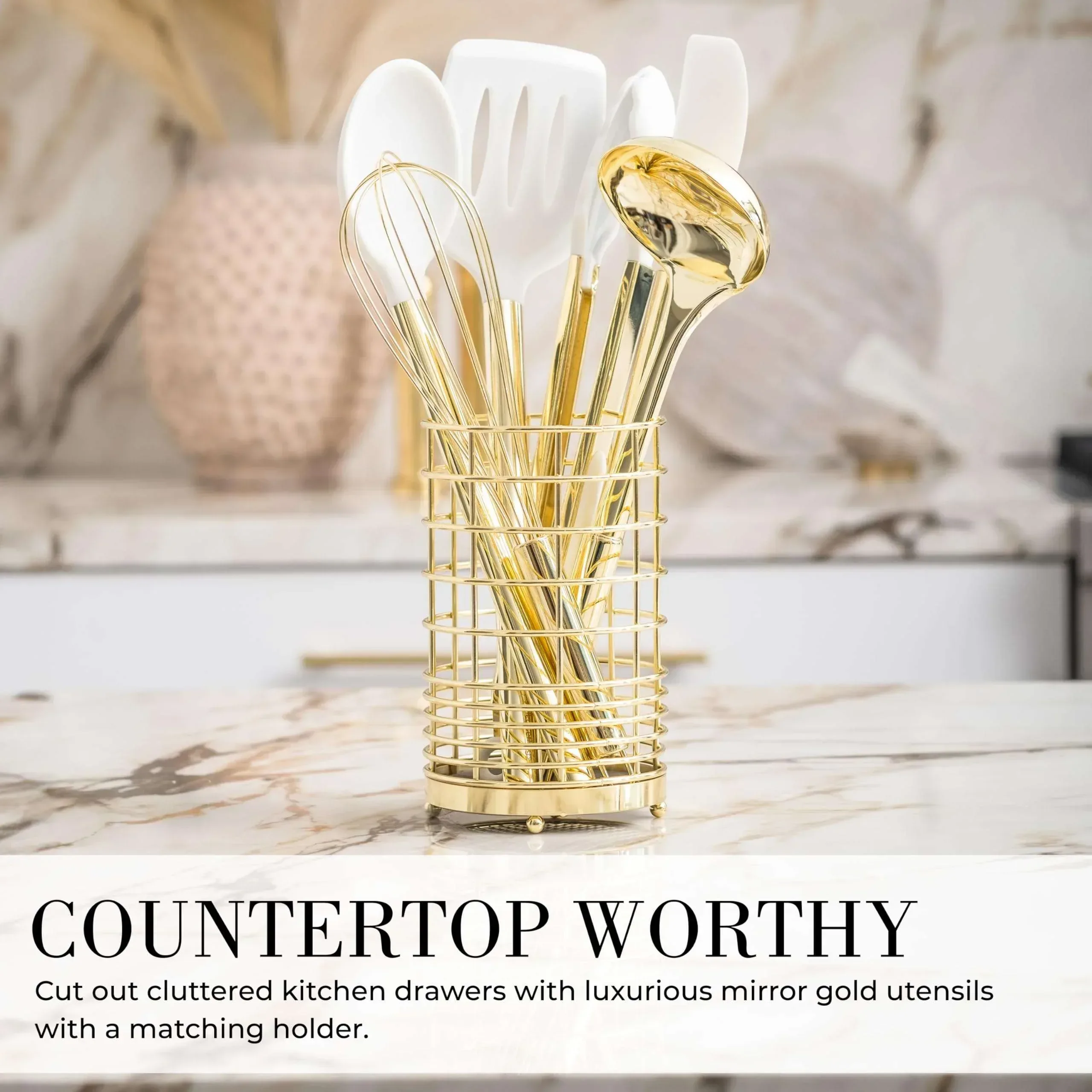 Styled Settings White and Gold Kitchen Utensils Set - 15-Piece Non-Scratch, White and Gold Utensils Set Includes White Silicone Cooking Utensils and White and Gold Measuring Cups and Spoons - Image 6