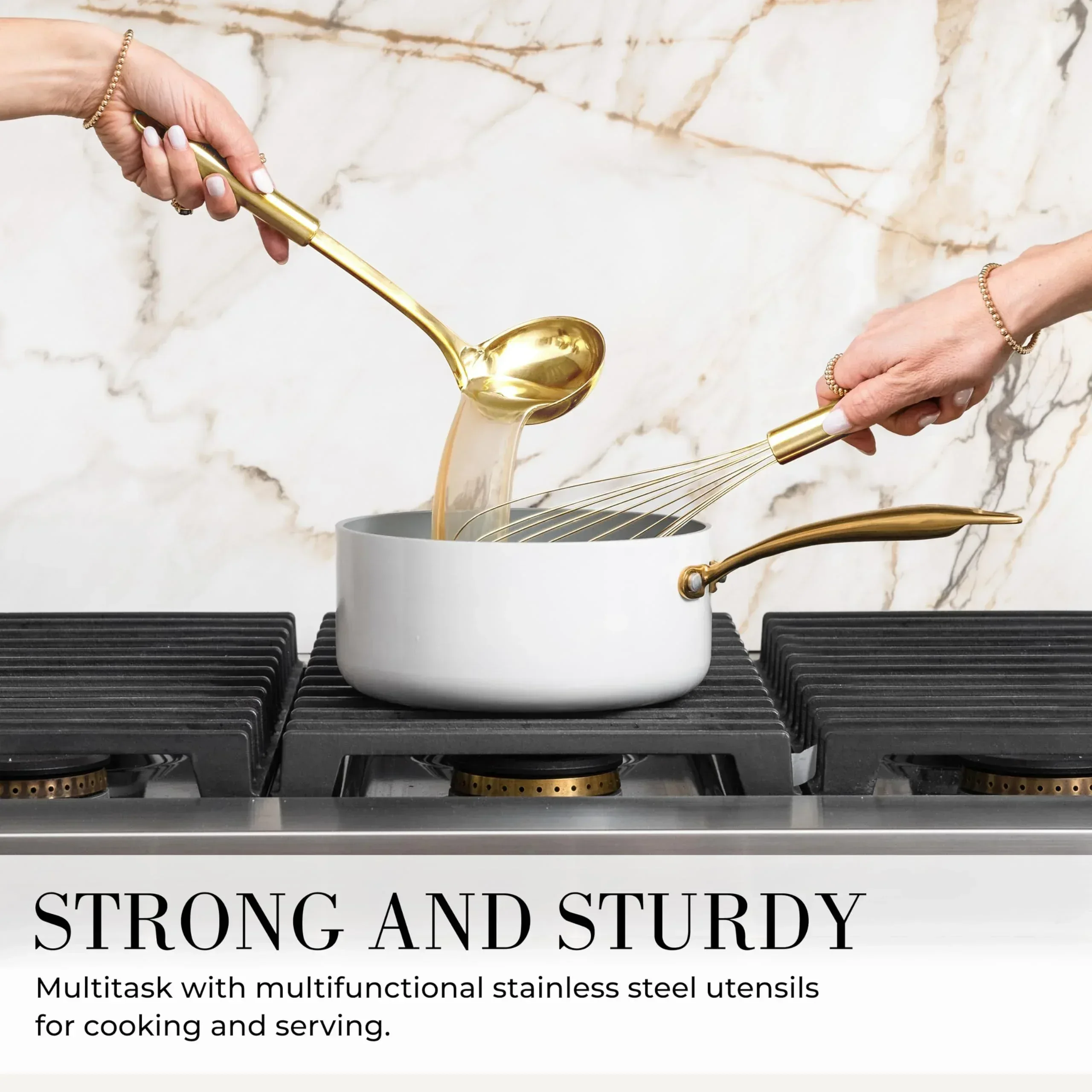 Styled Settings White and Gold Kitchen Utensils Set - 15-Piece Non-Scratch, White and Gold Utensils Set Includes White Silicone Cooking Utensils and White and Gold Measuring Cups and Spoons - Image 9