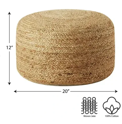 Stylehouse 100% Cotton Natural Jute Pouf, 12" H x 20" W - Image 3