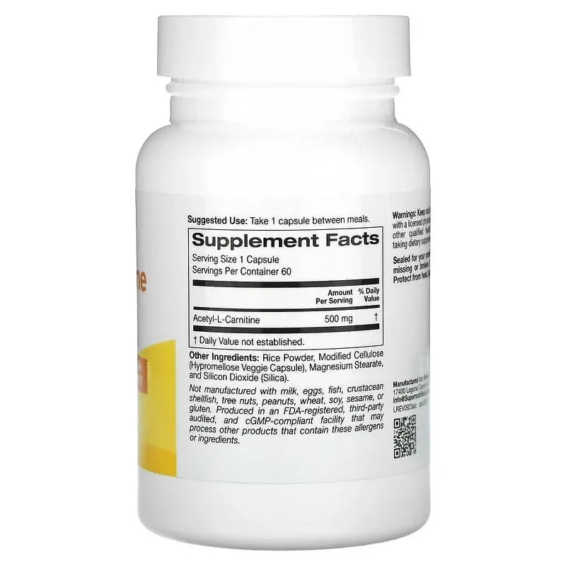 Super Nutrition, Acetyl-L-Carnitine, 500 mg, 60 Veggie Capsules - Image 2