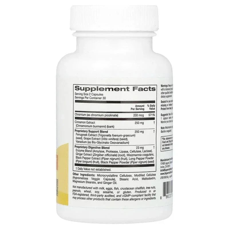 Super Nutrition, Blood Glucose Support with Chromium Picolinate, Cinnamon, Fenugreek, and Grape Extracts, 60 Veggie Capsules - Image 2