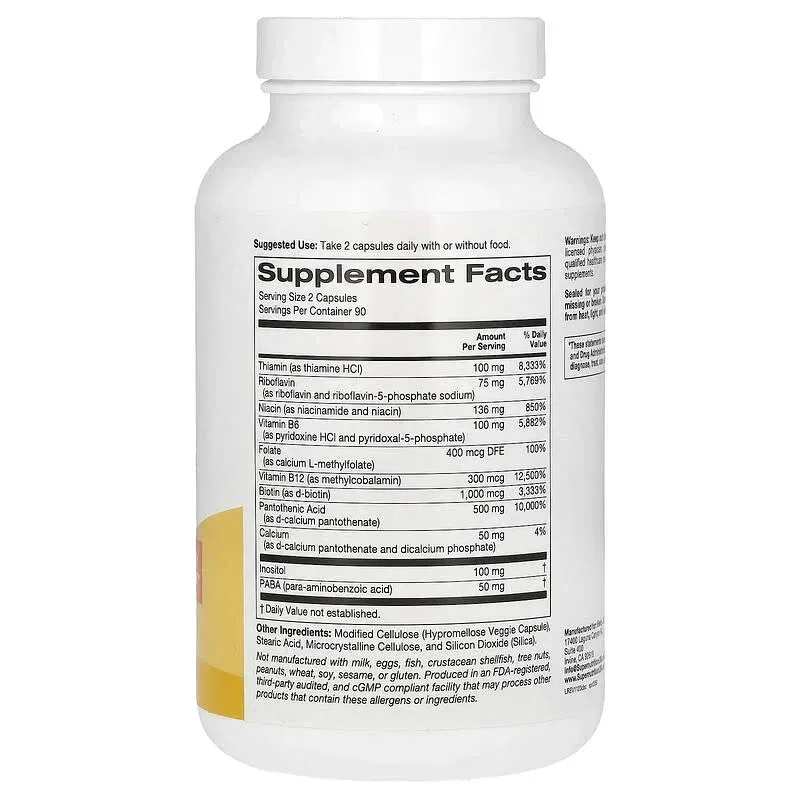 Super Nutrition, Complete B Complex with L-Methylfolate and Methylcobalamin B12, 180 Veggie Capsules - Image 2