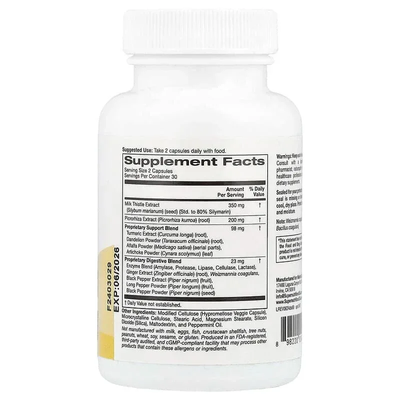 Super Nutrition, Detox Support with Milk Thistle Extract, Picrorhiza Root Extract, Turmeric Extract, Dandelion Powder and Digestive Blend, 60 Veggie Capsules - Image 2